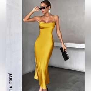 Gold yellow satin cowl neck midi dress